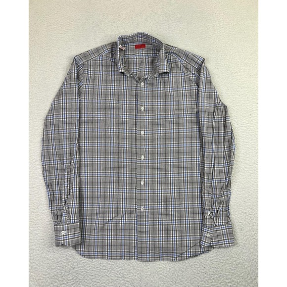 Isaia Napoli Shirt Mens 16 41 Blue Gray Plaid Long Sleeve Made in Italy Dress
